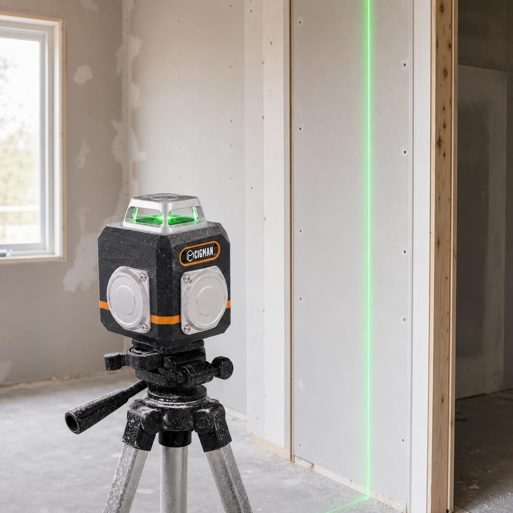 CIGMAN CM-701 laser level projecting a vertical green plumb line on an indoor wall