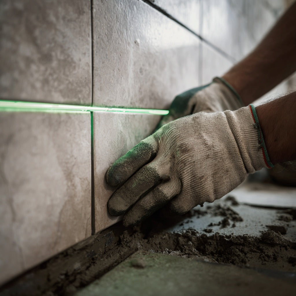 Tiler pressing ceramic tile against wall using CIGMAN green laser level as alignment guide