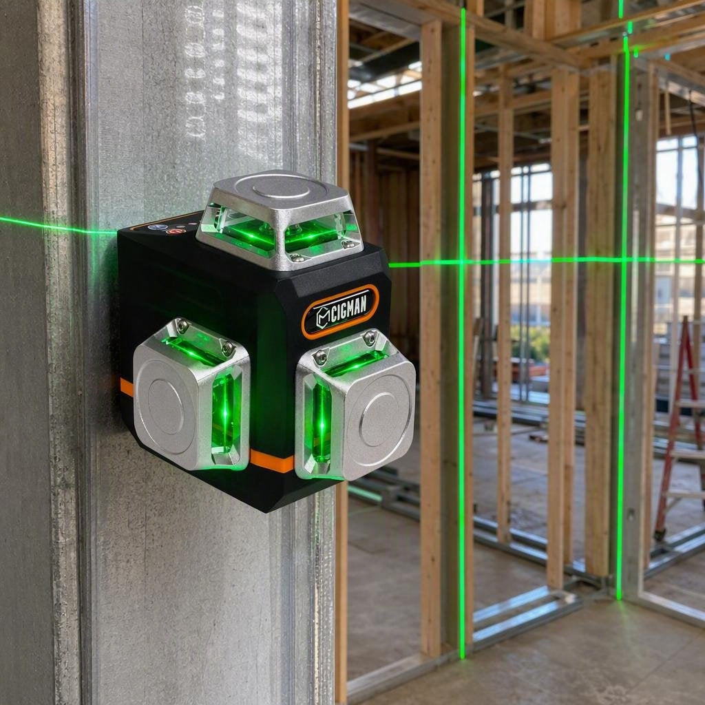 CIGMAN CM-701 green laser level magnet-mounted on a metal stud projecting green lines across wall framing